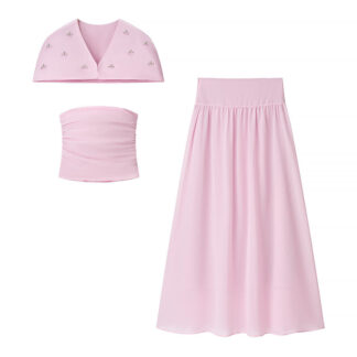 SET VÁY LỤA SATIN BA CHI TIẾT – SẮC HỒNG PASTEL NGỌT NGÀO