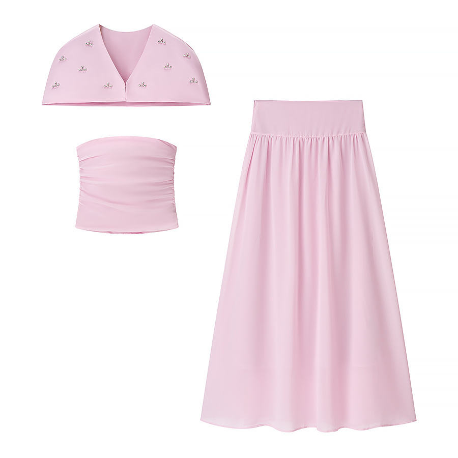 SET VÁY LỤA SATIN BA CHI TIẾT – SẮC HỒNG PASTEL NGỌT NGÀO