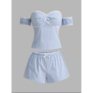 Set Áo Trễ Vai Crop Top & Quần Đùi Kẻ Sọc Phối Ren